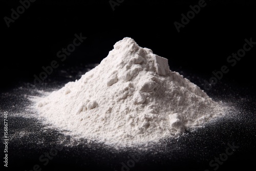 Isolated black background with kaolin powder This chemically inert mineral is extracted from deposits and processed in various particle sizes