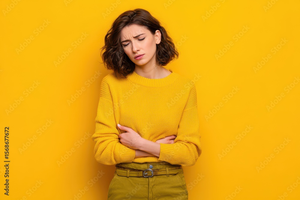 Obraz premium Image of a young woman in distress clutching her stomach due to menstrual pain set against a yellow background
