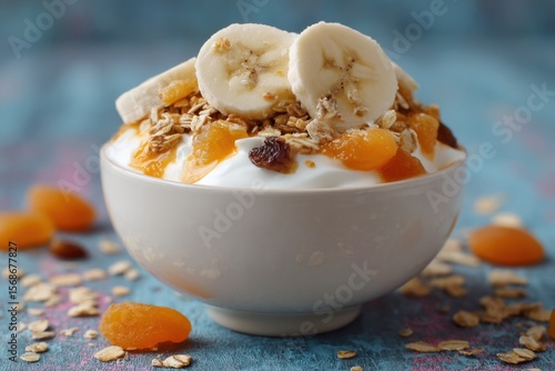 Fototapeta Naklejka Na Ścianę i Meble -  Nutritious morning meal made of muesli dried fruits ripe banana and papaya with yogurt