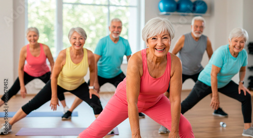 Happy group of seniors exercising in a fitness class for older adults