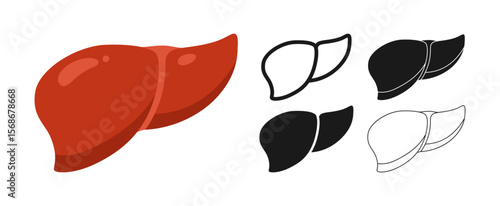 Human liver symbol set. Anatomical liver hepatic detoxification body organ sign icon on white background. Drawing human liver for medical, infographic childrens education design vector illustration