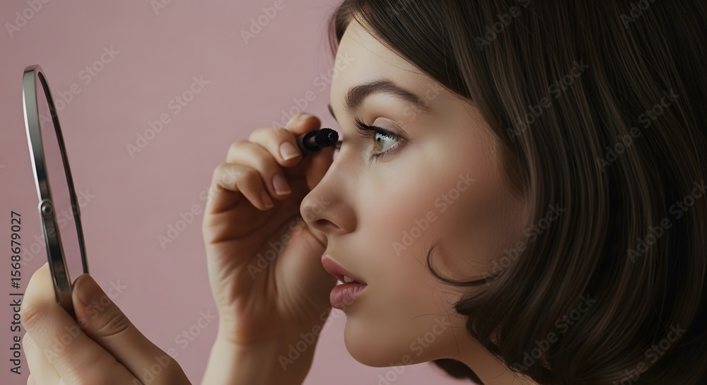 Obraz premium Profile of a young woman applying makeup with a mirror against a pink backdrop. She is focused on applying mascara, emphasizing eye detail and cosmetic use. The lighting highlights facial features.