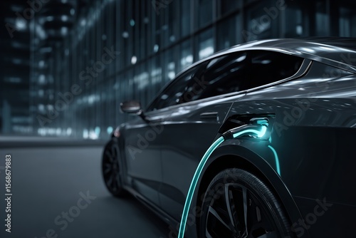 Modern electric car charging at night in a city with illuminated buildings in the background showcasing urban technology