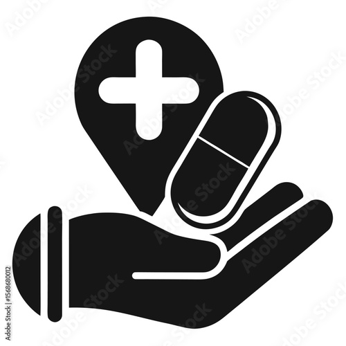 Monochromatic medical icon of a hand holding a pharmaceutical capsule