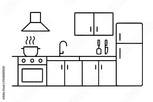 Outline of a modern kitchen silhouette with cooking elements