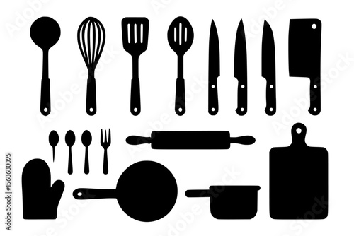 Silhouettes of Kitchen Utensils and Tools on White Background
