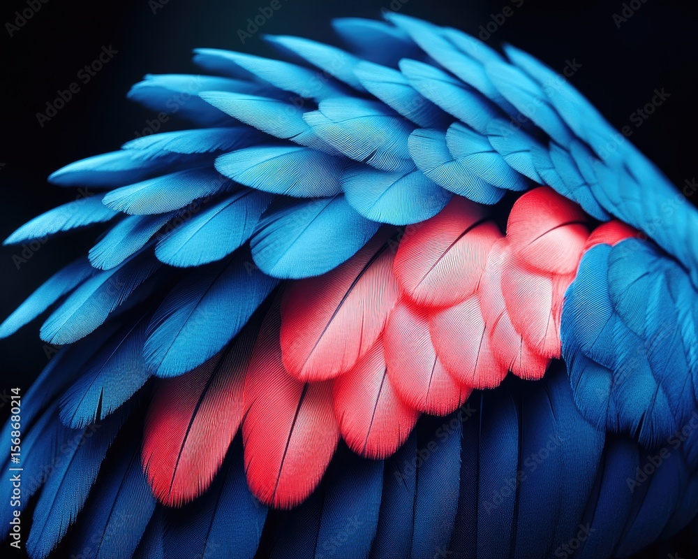 Obraz premium Close up of macaw feathers, blue and red plumage detail on black. Use for backgrounds, designs, posters, arts and creative projects.
