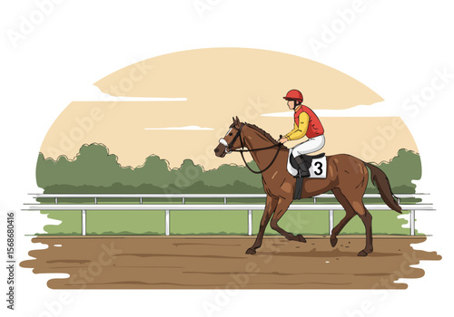 A jockey rides a brown horse on a racetrack during a race. The horse wears number 3. A dynamic, action-oriented image suitable for sports and racing themes.