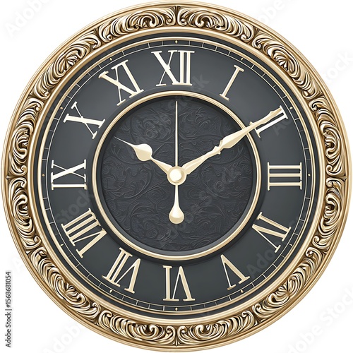 Ornate wall clock with gold trim and dark gray face.