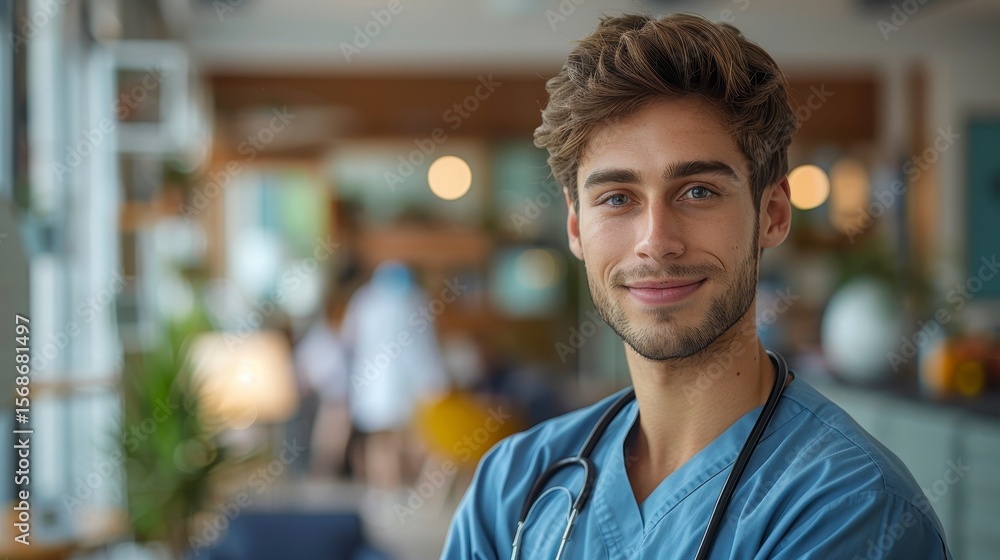 Fototapeta premium Handsome nurse in scrubs smiles warmly, in a brightly lit, blurred hospital setting