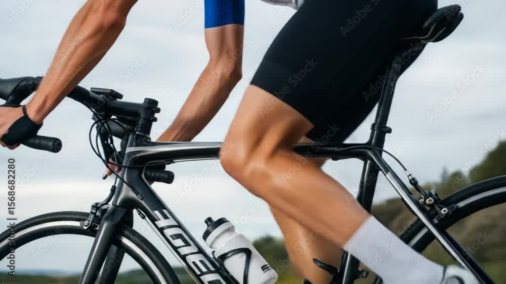 Cyclist Riding a Road Bike: Close-Up of Legs and Bike Frame in Motion Cyclist Riding a Road Bike: Close-Up of Legs and Bike Frame in Motion