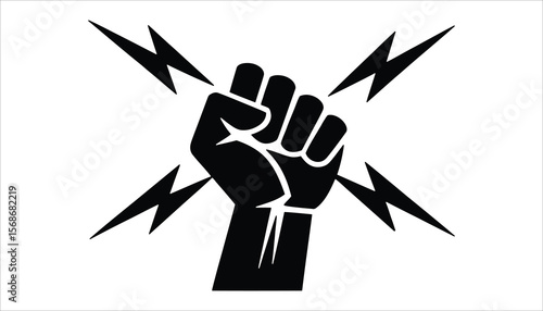 Power Fist with Lightning Symbol Black Silhouette Vector Isolated on White Background