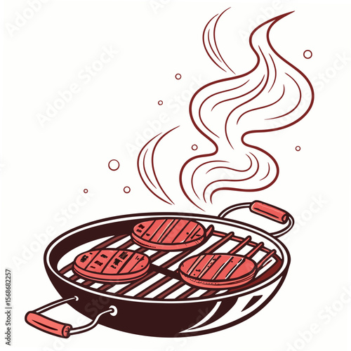 Barbecue grill with sizzling burgers cooking food