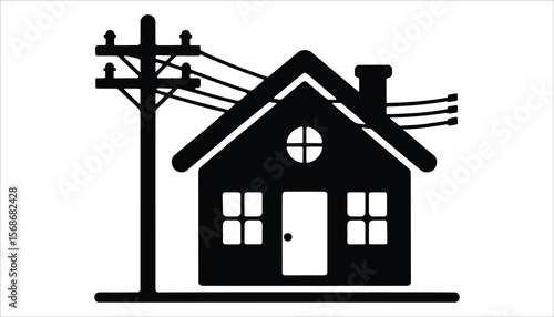 Electric Utility Pole and House Power Line Silhouette Vector