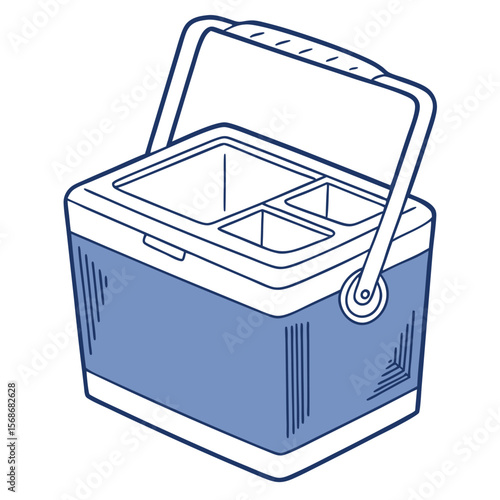 Blue cooler box with open lid white handle