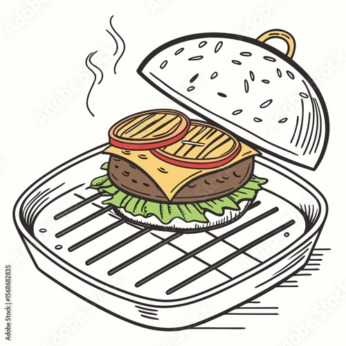 Burger cooking on grill with lid open food meat