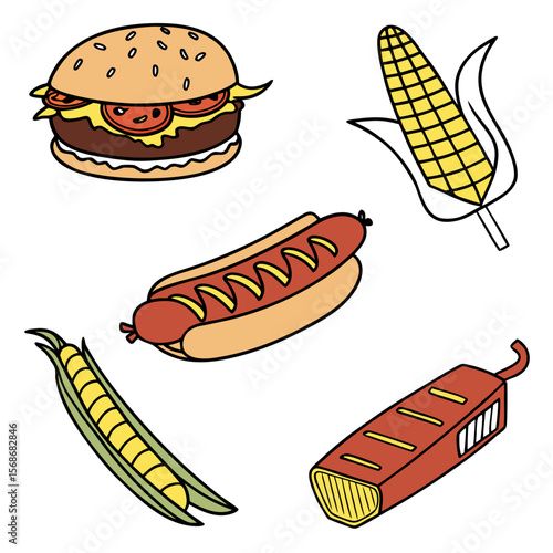 Burger hot dog corn peas grill hamburger corn on the cob
