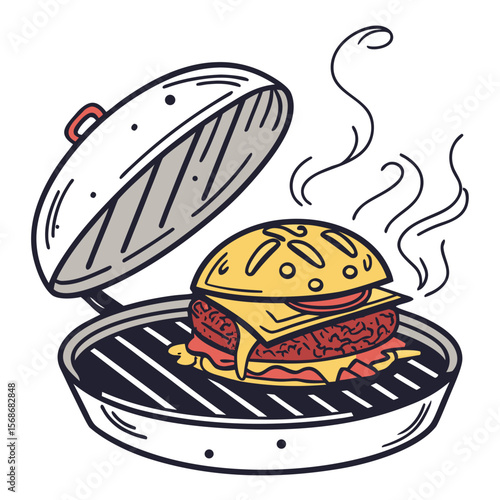 Burger cooking on grill with steam food barbecue