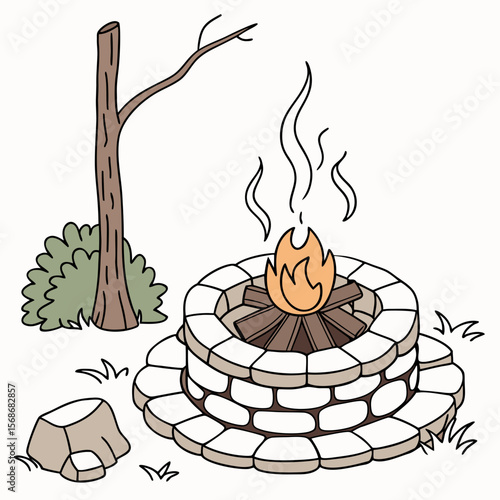 Burning fire pit with wood and stone wood logs stone structure