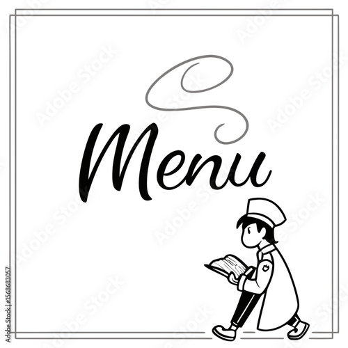 Chef reading menu with decorative border book uniform