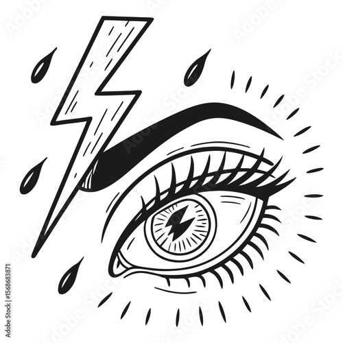Eye with lightning bolt and rain drops