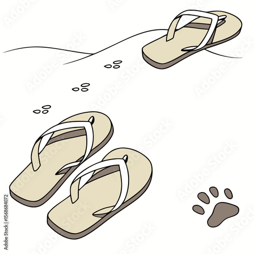 Flip flops and paw prints on sand sandals beach