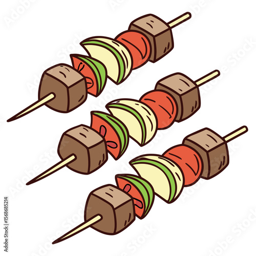 Meat vegetable skewers on white beef tomato