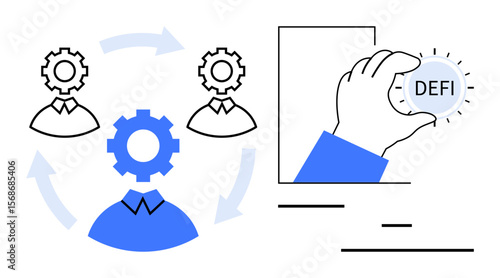Gear system connecting people symbolizing collaboration and a hand holding a DEFI token, representing financial technologies. Ideal for blockchain, fintech, teamwork, decentralized finance, strategy