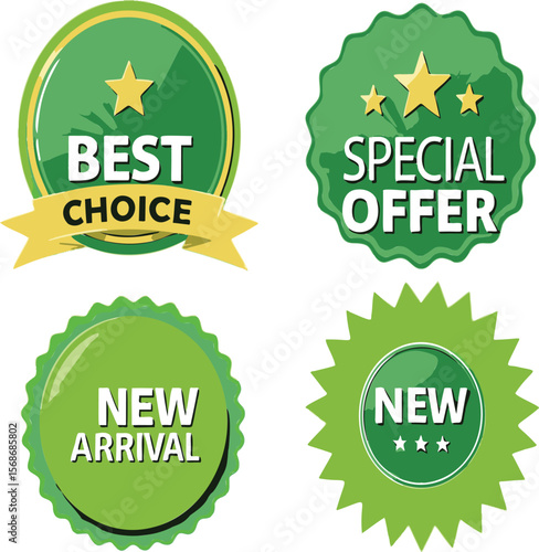 Green sale badges with stars and text promotion discount