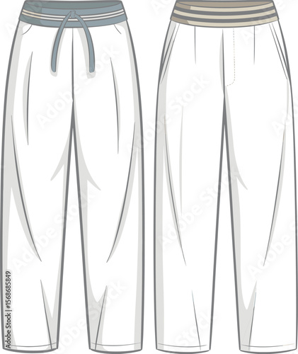 Comfortable Drawstring Sweatpants Flat Technical Sketch, Front and Back Views with Ribbed Waistband, Ideal for Loungewear and Casual Apparel Design.