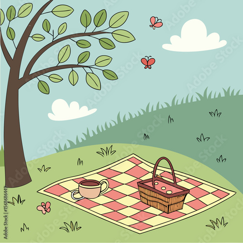 Picnic Blanket With Basket And Cup Under Tree vector