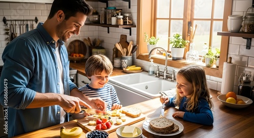 A Happy Father Teaches His Two Children How to Prepare a Healthy Breakfast Together in Their Cozy Kitchen