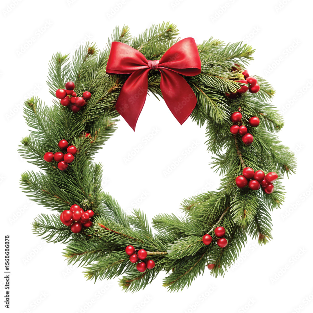 Xmas Wreath with Red Berries: Circular Christmas wreath made from pine branches, red berries, and a red bow, PNG style Xmas Wreath with Red Berries: Circular Christmas wreath made from pine branches, red berries, and a red bow, PNG style