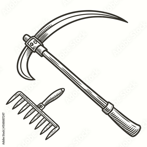 Sickle and rake agricultural tools scythe farming