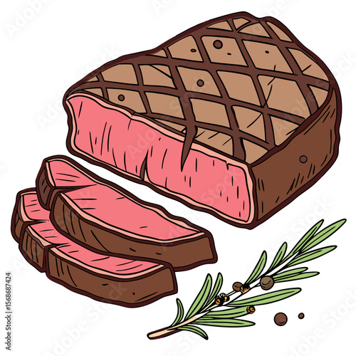 Sliced grilled steak with rosemary and peppercorns