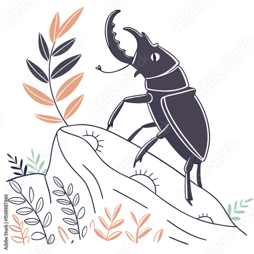 Stag beetle on a rock with plants insect leaves
