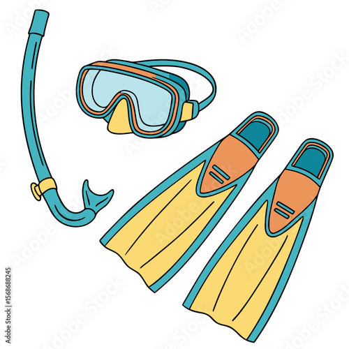 Turquoise snorkel mask and fins scuba diving