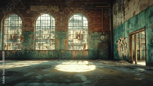 Dilapidated Brick Industrial Interior with Arched Windows and Natural Light