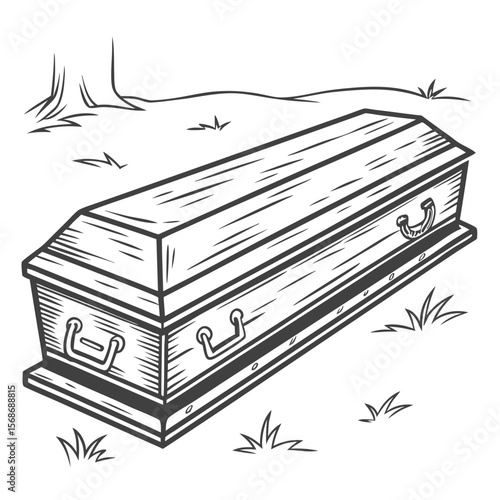 Wooden coffin with handles in grass funeral burial