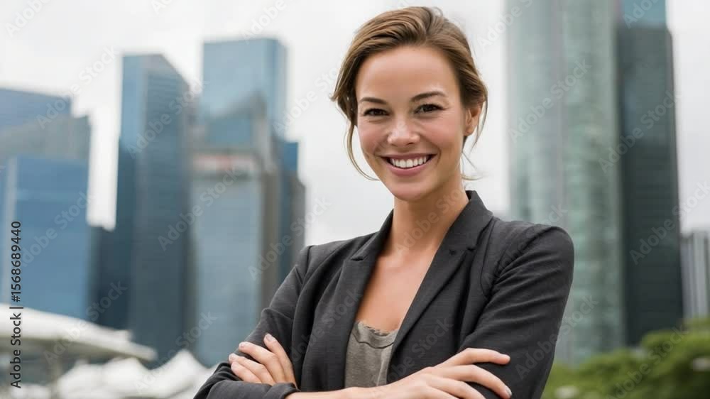Confident Business Woman: A poised business woman stands tall against a backdrop of modern skyscrapers, exuding confidence and professional poise. Confident Business Woman: A poised business woman stands tall against a backdrop of modern skyscrapers, exuding confidence and professional poise.