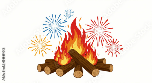 Bonfire Celebration: Campfire with Burning Logs and Festive Fireworks on White Background, Summer Celebration