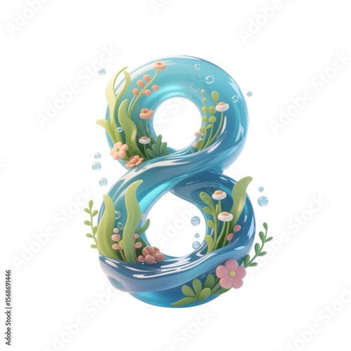 Elegant Aquatic Number Eight: A stunning visual representation of the number eight, artfully crafted to evoke the beauty of aquatic life, showcasing a fluid.