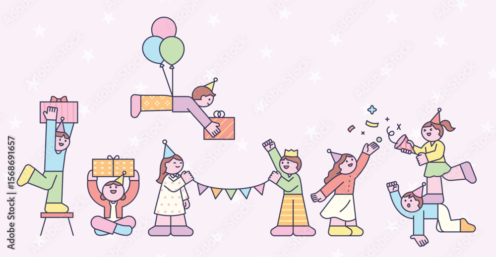Fototapeta premium A group of happy people celebrating a festive occasion with gifts, balloons, and confetti.