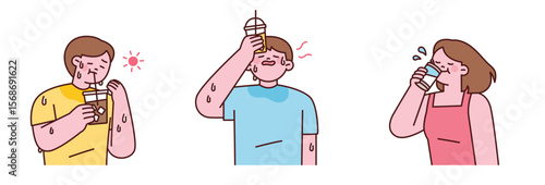 Three people experiencing summer heat and trying to cool down with cold drinks.