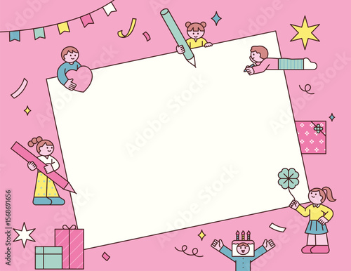 A group of children surrounding a blank frame with various celebratory elements for a happy event.