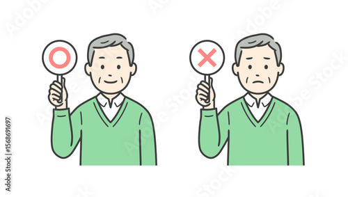 まるばつの札を持つ高齢者男性の上半身イラスト素材