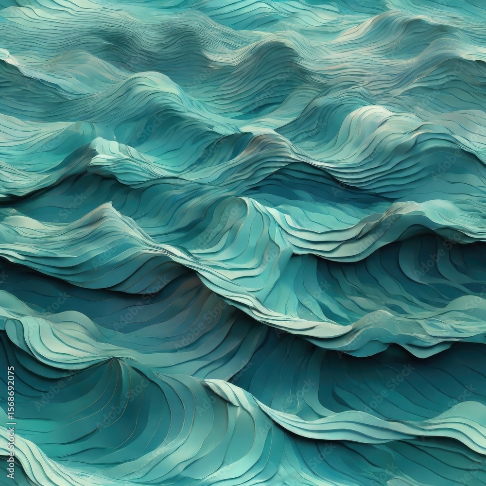 Fototapeta premium Turquoise layered waves Paper art texture