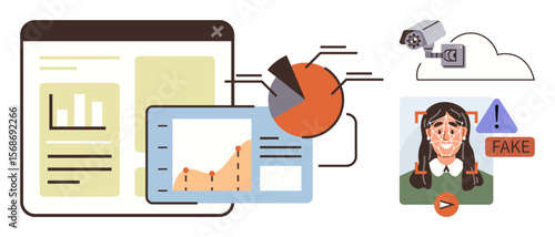 Dashboard with charts, pie graph, camera, cloud, deepfake scan, and warning. Ideal for cybersecurity, technology analytics fake media online safety AI ethics data privacy. Simple flat metaphor