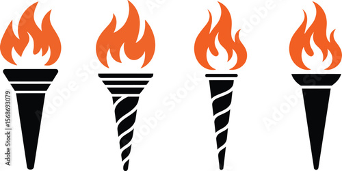 Flaming Torch Icon Set: Olympic Fire and Victory Symbol Vector Collection
