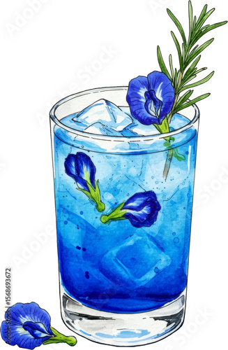 watercolour illustration of Butterfly Pea Flower Gin Cocktail
